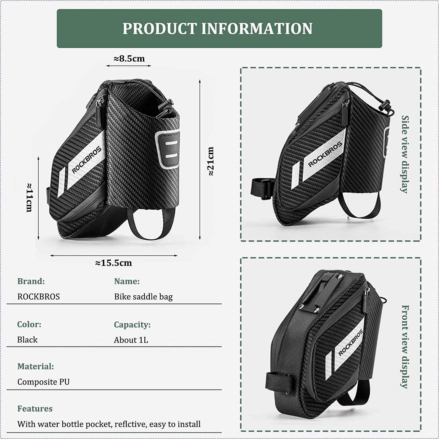 ROCKBROS Bicycle Saddle & Quick Release Bag with Water Bottle Pocket - 1,5L Black